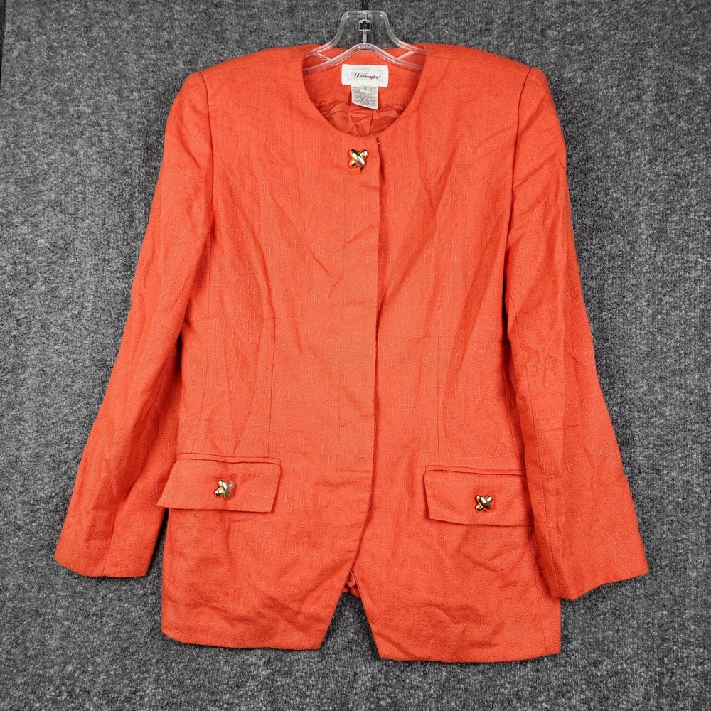 Worthington Blazer Women 12 Coral Red Vintage Collarless Gold Button Made in USA